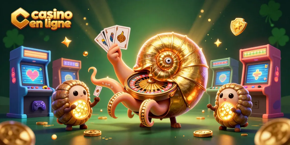 Jouez dans un casino en ligne lumineux avec une illustration 3D d'un nautilus géant et des machines à sous scintillantes.