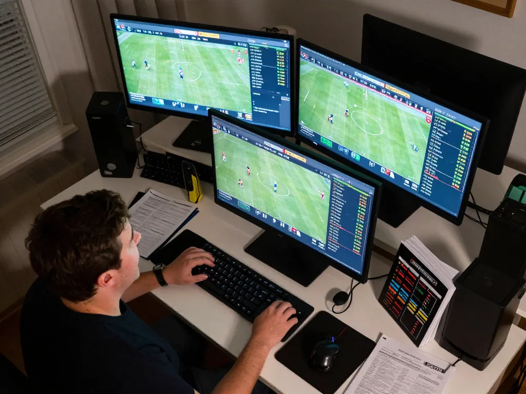 Engaged bettor analyzing odds on rr88, showcasing multiple screens in a professional home office.