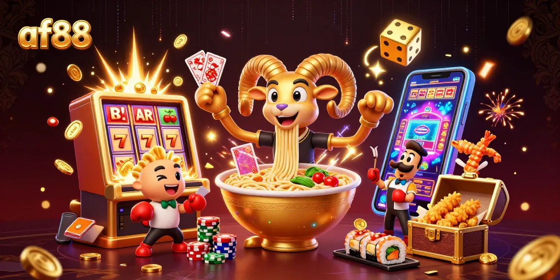 af88 features a playful golden ramen bowl character stacking chips, symbolizing online gaming excitement.