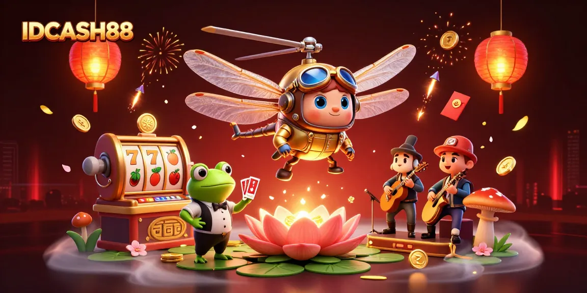 Play thrilling games at IDCASH88's vibrant lily pad casino with dynamic elements and characters.