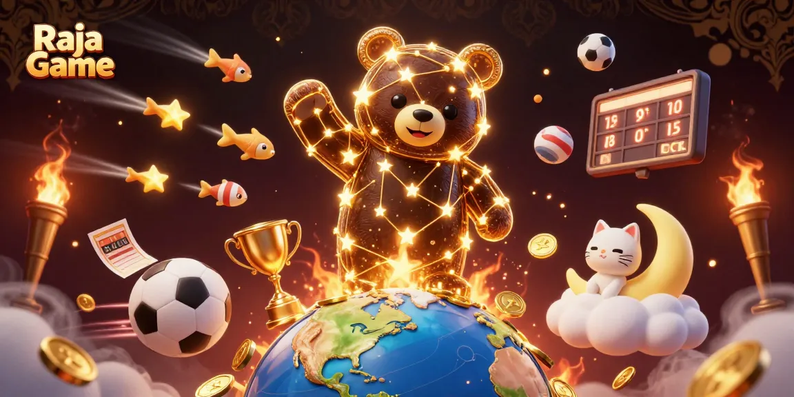 Play exciting casino games like Raja Game with vibrant 3D illustration featuring gold coins and sports elements.