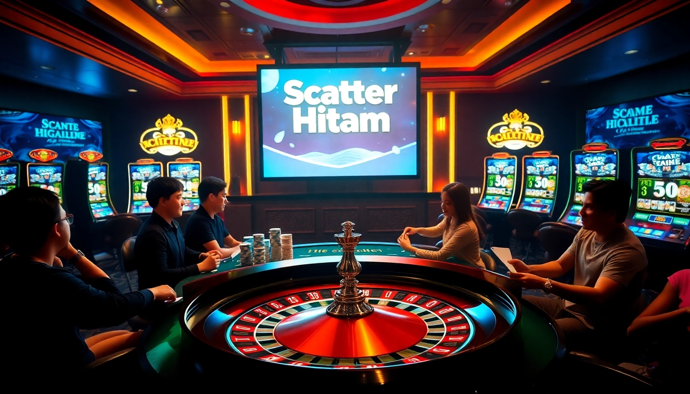Scatter hitam symbol showcased in a vibrant casino scene with roulette table and poker chips.