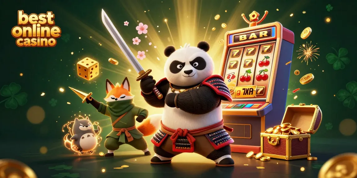 Win big at the best online casino with vibrant 3D illustration of samurai panda and gaming elements.