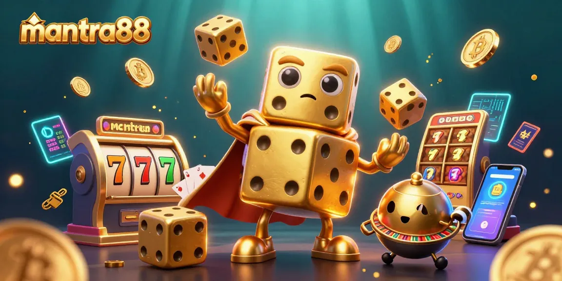 Experience thrilling wins with mantra88 at the lively 3D casino animated scene, featuring golden dice and slot reels.