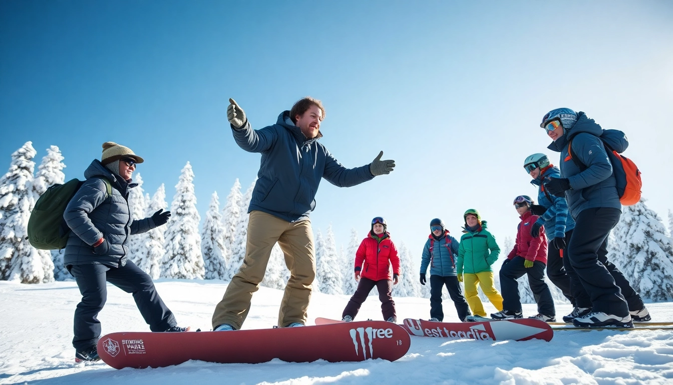 Engaging snowboard lessons salem, nh with an instructor teaching students on a snowy mountain.