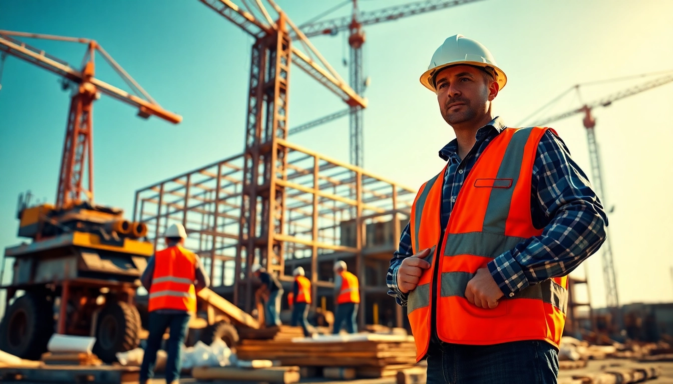 New Jersey General Contractor overseeing construction project with tools and blueprints.