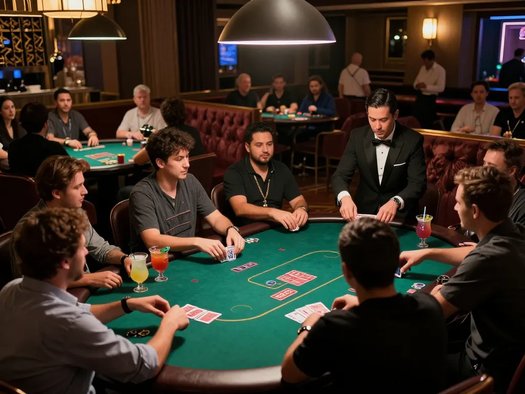 Engaging poker scene at upscale casino featuring players with chips, action-packed atmosphere reflecting thehiddenwiki