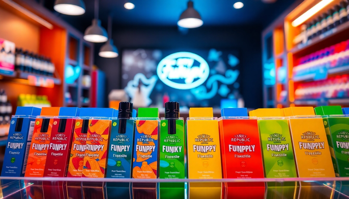 Showcase of Funky Republic vape flavors in a vibrant vape shop, enticing viewers.