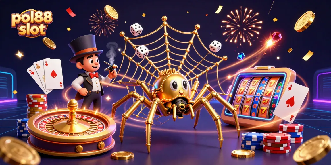 Putaran pol88 slot menampilkan laba-laba steampunk yang menjerat dadu dalam jaring, dikelilingi koin emas dan kartu permainan.