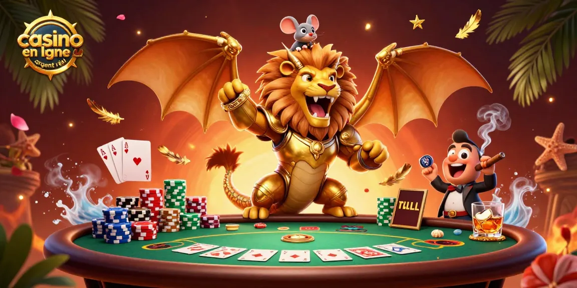 Jouer sur un casino en ligne argent réel avec des jeux de poker, des jetons colorés et une ambiance de fête.
