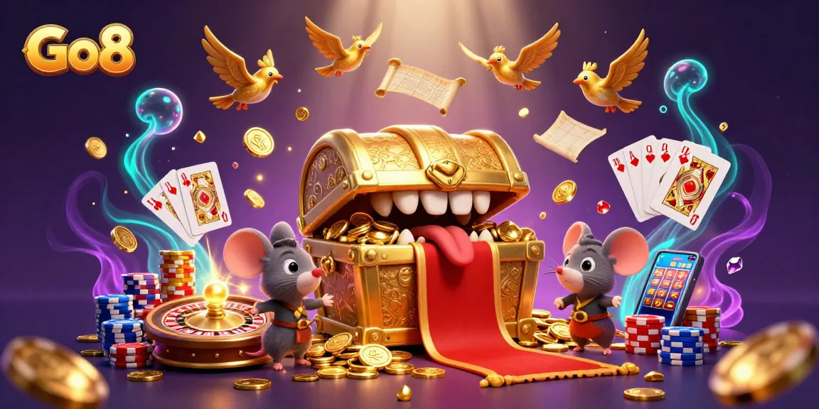 Engage in thrilling gaming at Go8 with a vibrant 3D illustration of treasure chests, coins, and roulette.