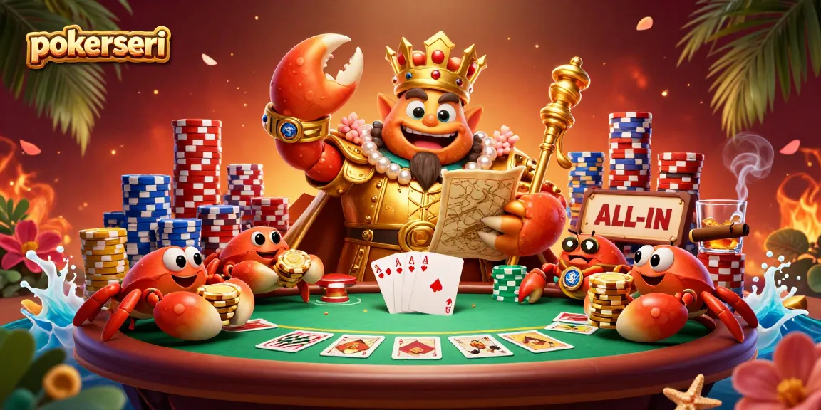 Experience excitement at pokerseri with a dynamic scene featuring a golden crab emperor and poker elements.