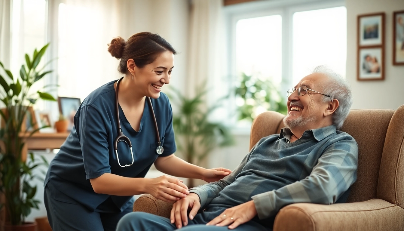 Senior care austin tx with a caregiver supporting a happy senior in a cozy home environment.