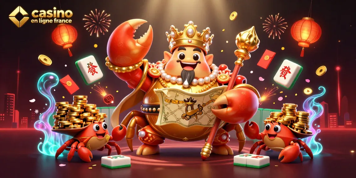 Découvrez les jeux sur un casino en ligne France avec un crabe en or et des éléments festifs illuminés.