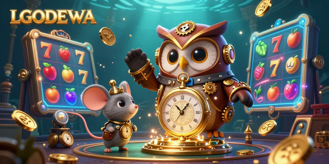 Experience LGODEWA's captivating slot notables, featuring a time-traveling owl amidst vibrant gaming elements.