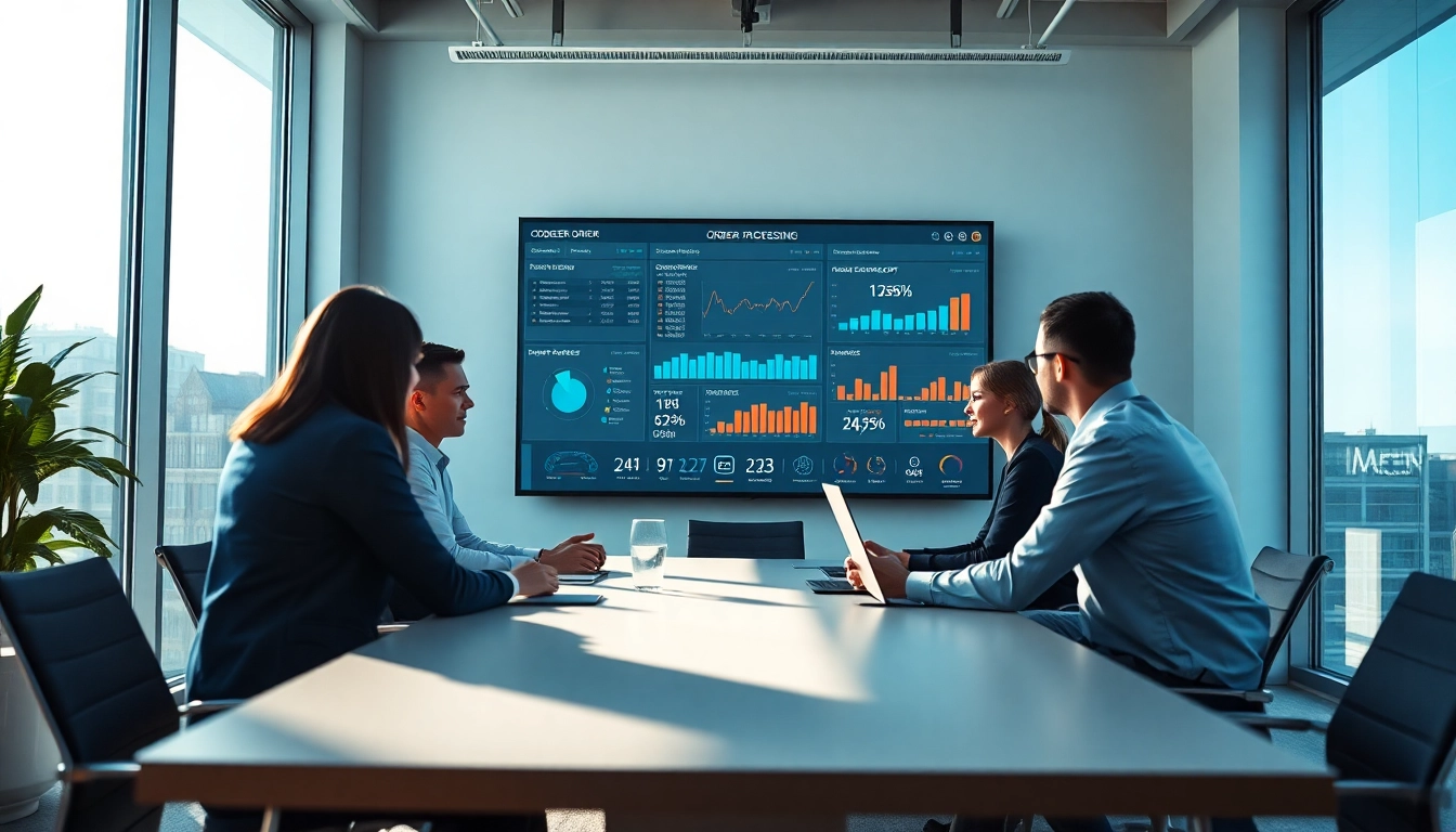 Utilize order processing software in a professional environment showcasing teamwork and technology.