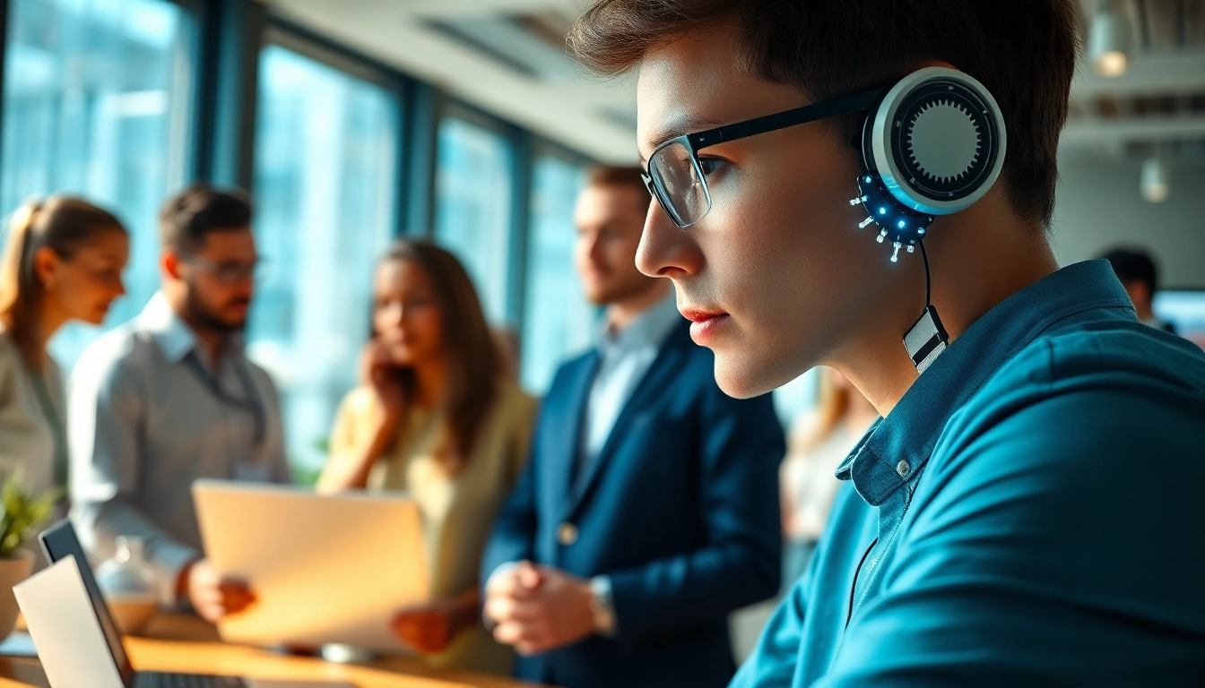 AI Employee collaborating with colleagues in a modern office environment.