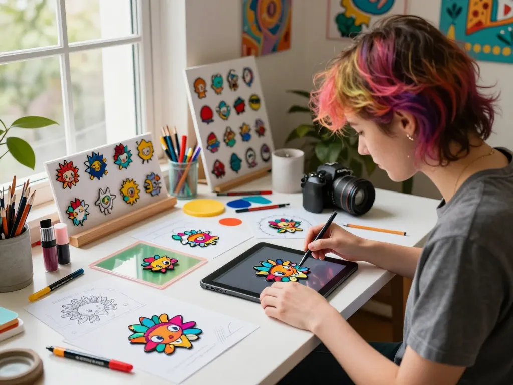 Custom acrylic pins crafted by an artist in a vibrant workspace with colorful designs and art supplies.