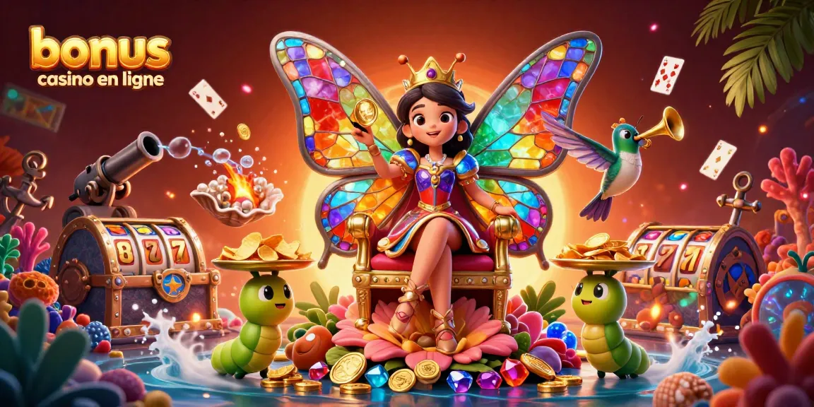 Illustration captivante de "bonus de casino en ligne" avec une reine papillon sur le trône, entourée de trésors et de jeux de casino