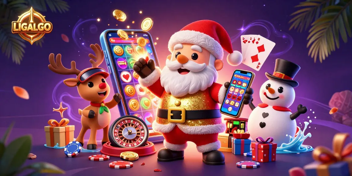 Experience LIGALGO's exciting slot games with Santa Claus and festive casino characters in a vibrant 3D illustration.