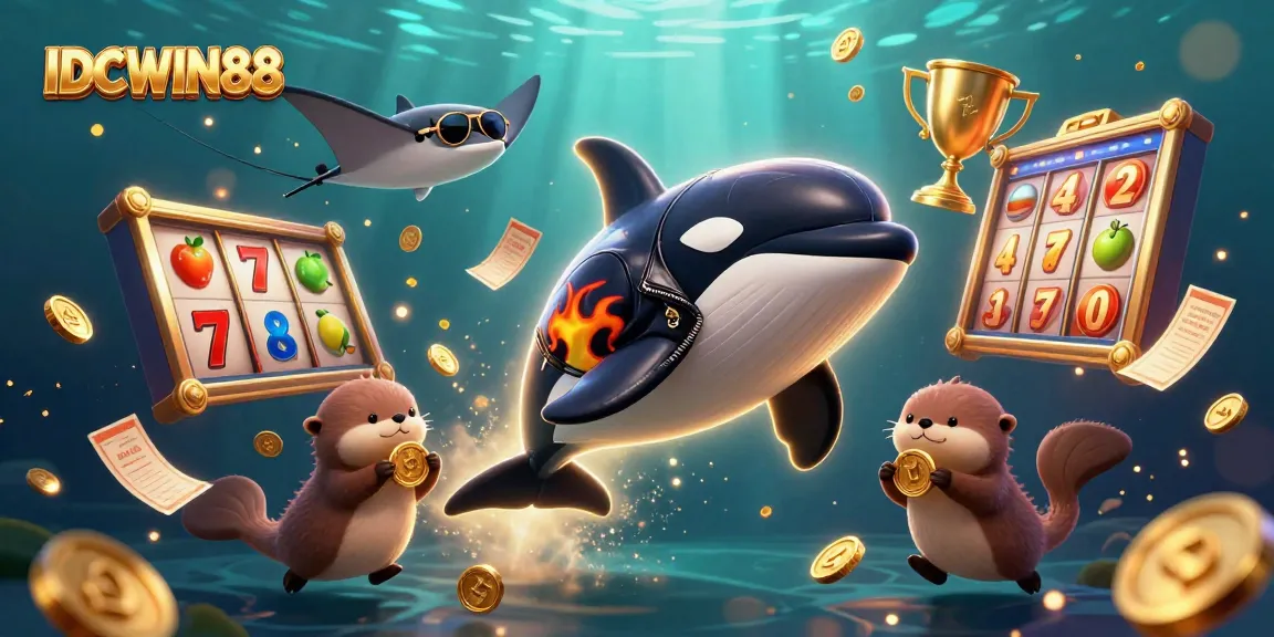 Experience thrilling slots excitement with IDCWIN88's vibrant underwater scene featuring engaging characters and dynamic casino elements.