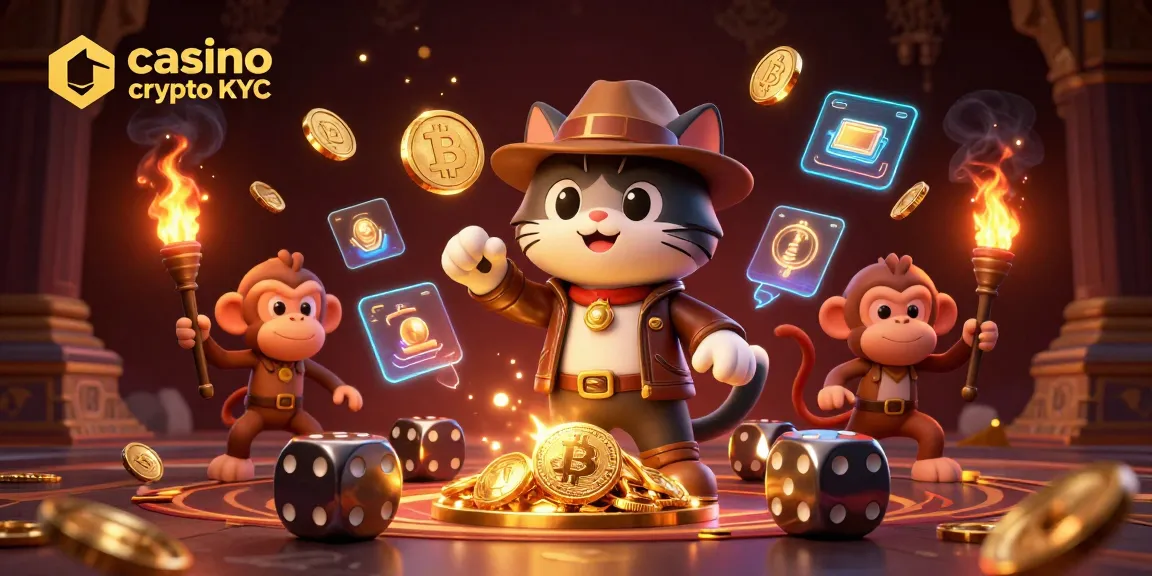 Illustration dynamique avec un chat archéologue et un singe, explorant un casino crypto sans KYC.