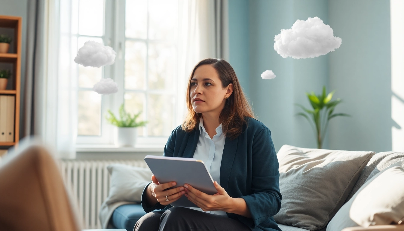 An image depicting anxiety symptoms represented in a calming therapy session with a therapist and patient.