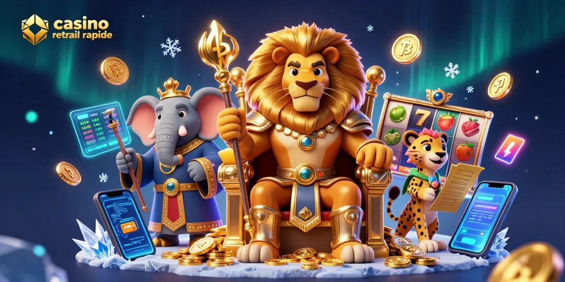 Profitez d'un casino retirant rapide avec des personnages animés et des éléments d'argent numérique.