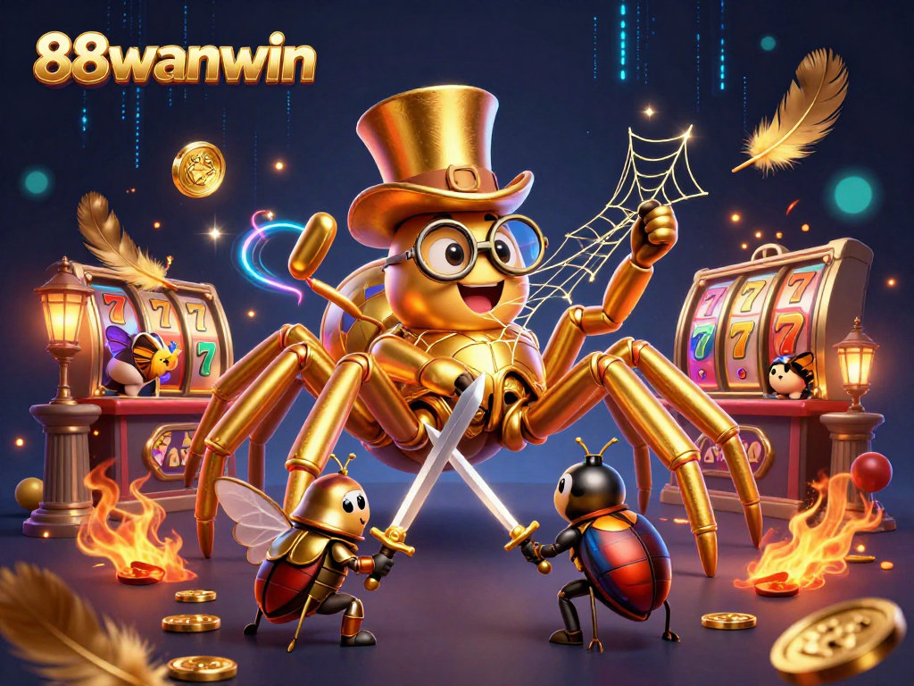 88wanwin showcases a thrilling casino scene with a golden tarantula, beetle knight, and dynamic game elements.