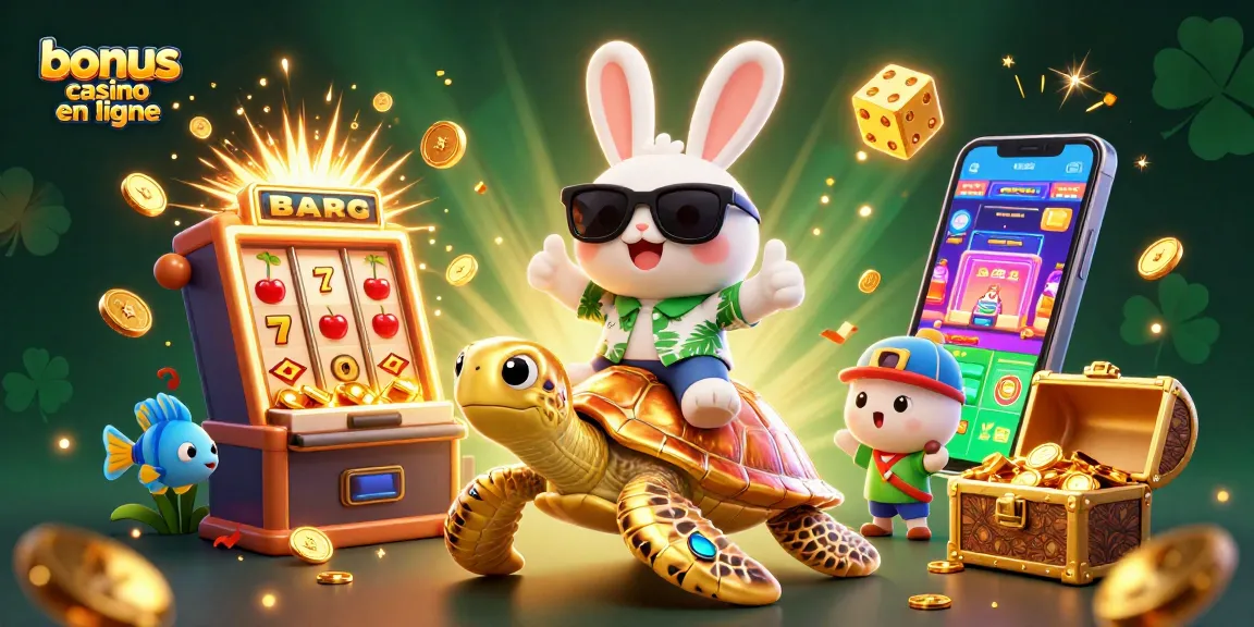 Profitez du bonus casino en ligne avec un lapin chanceux et une tortue dorée expliquant les jackpots.