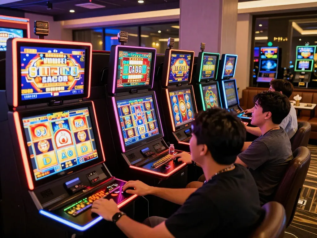 Players enjoying slot gacor at home casino setup with vibrant slot machines and excited expressions.