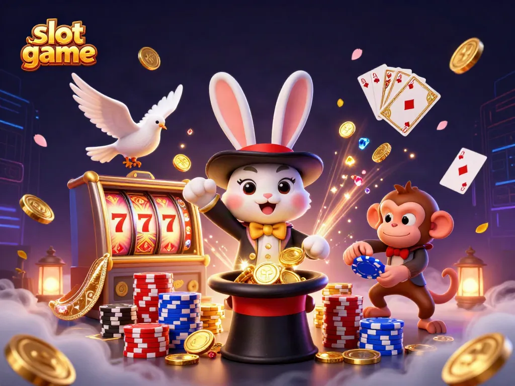 Spin and win with a captivating slot game scene featuring a magician rabbit, dazzling coins, and colorful poker chips.