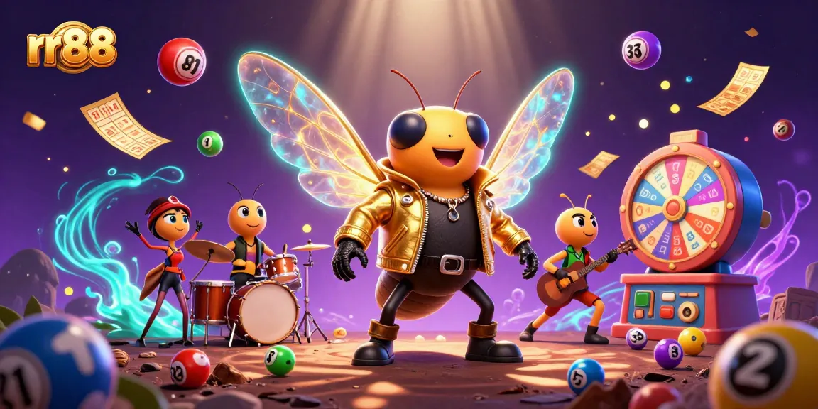Experience the thrill of rr88 with a vibrant 3D scene featuring a rock star cicada and dynamic game elements.