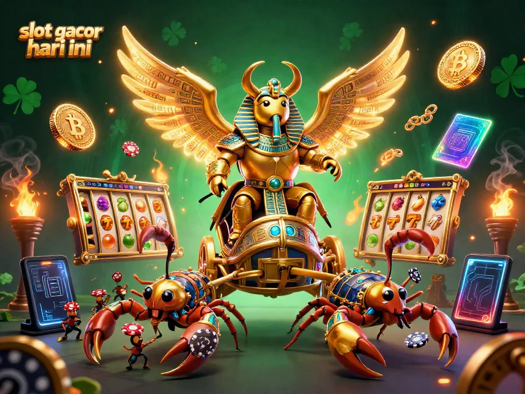Gambarkan slot gacor hari ini dengan scarab emas dan kereta di tengah aksi kasino yang megah.