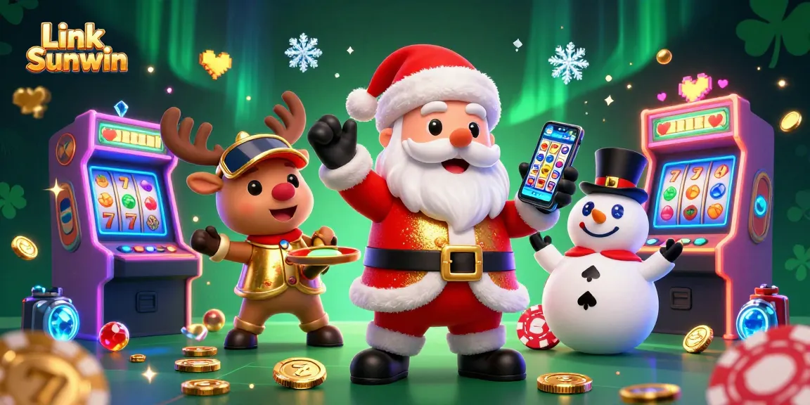 Play slots with Link Sunwin, featuring a cartoon Santa and festive casino elements.
