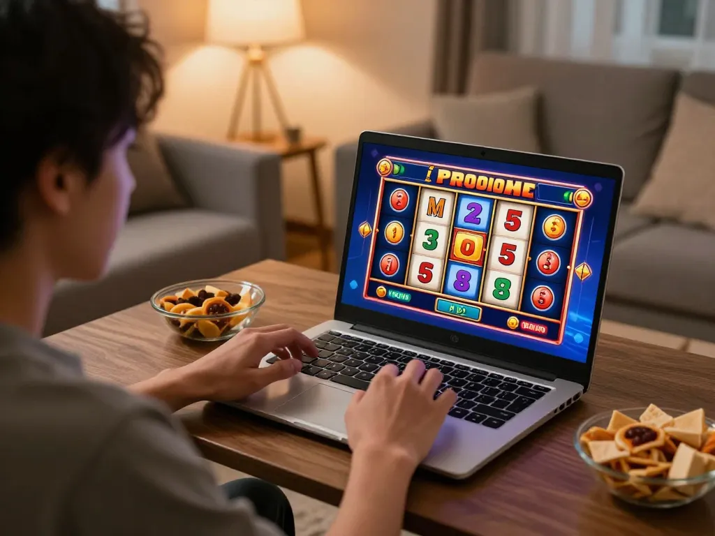Engaging in online slot gacor malam ini gameplay with vibrant reels in a cozy setting.