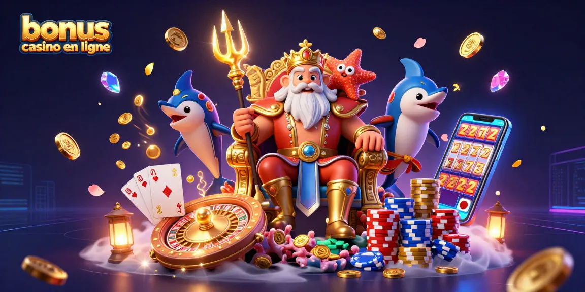 Profitez du bonus casino en ligne avec Neptune, un roi des mers entouré de jeux et de trésors fascinants.
