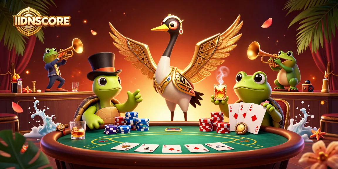 IDNSCORE features a dynamic 3D scene with a turtle and frog at a speakeasy poker game.