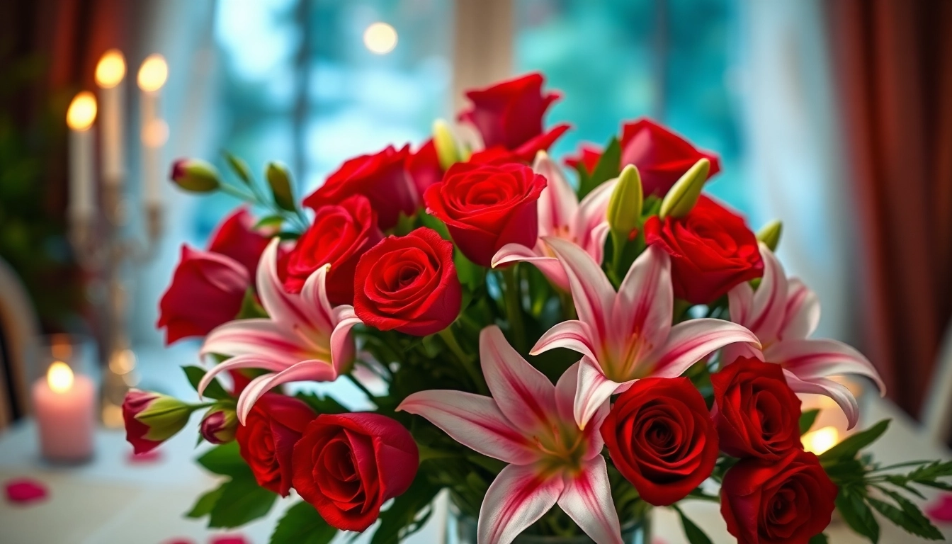 Beautiful valentines flowers bouquet featuring red roses and pink lilies arranged elegantly.