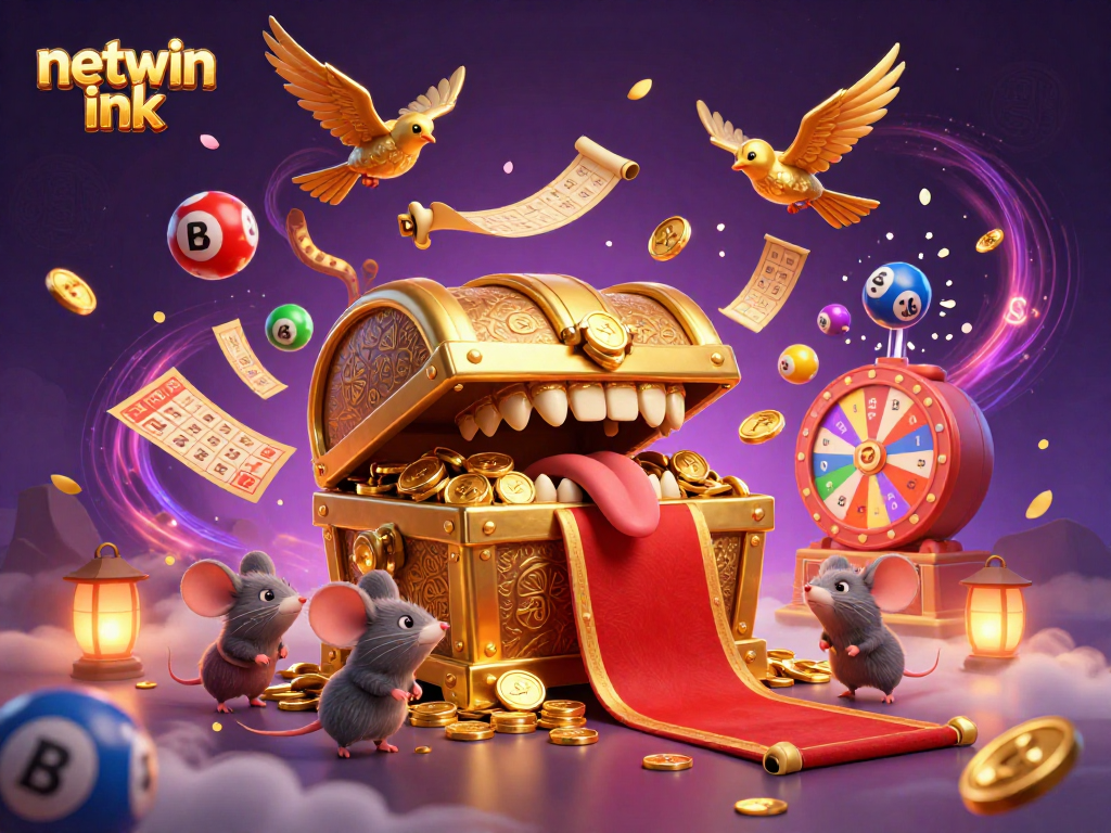 Experience the thrill of netwin ink with dynamic lottery elements and enchanting treasure illustrations.