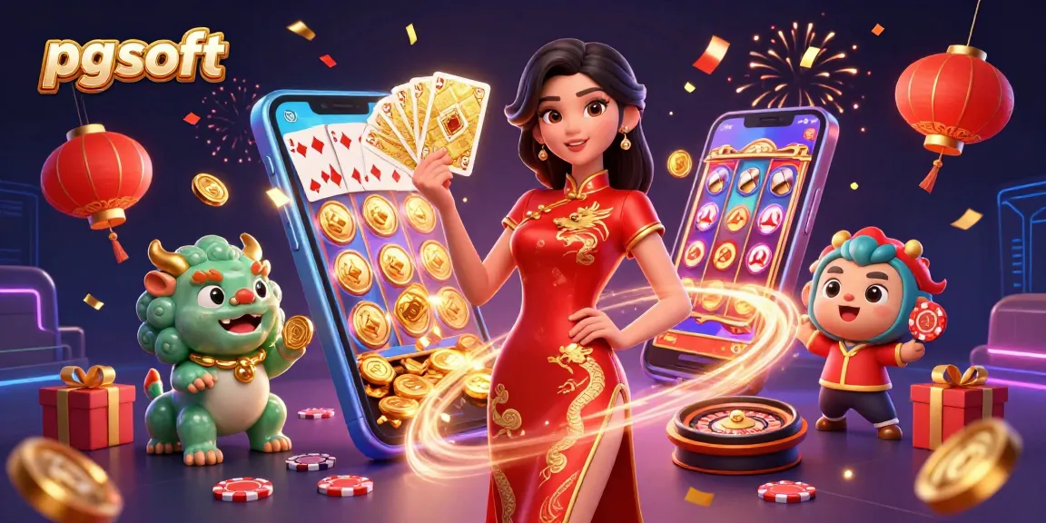 Experience excitement with pg soft as a stunning woman captivates with golden cards amidst vibrant gambling elements.