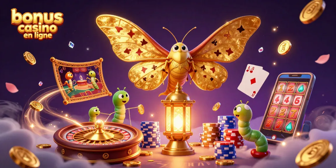 Scènes captivantes d'un bonus casino en ligne mettant en valeur des éléments de jeu animés avec un papillon géant et des pièces d'or.