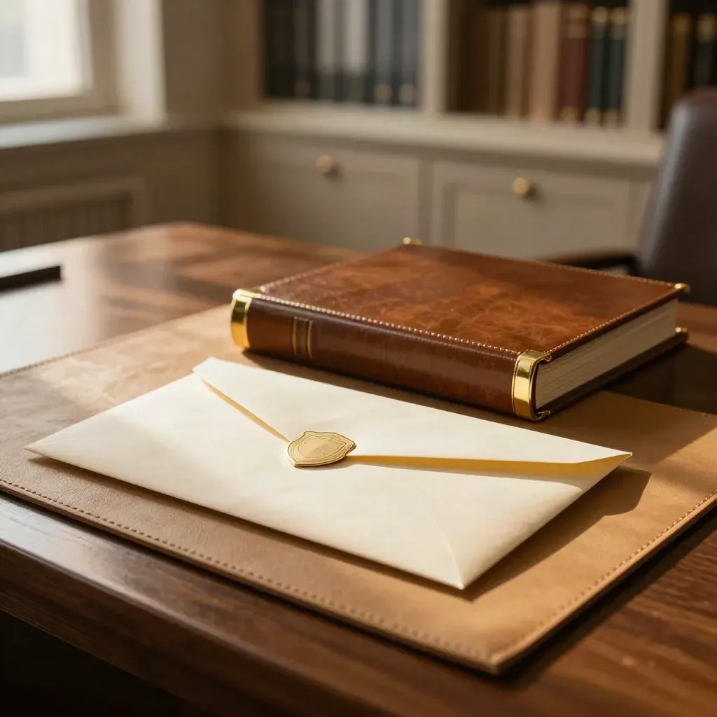 Title insurance items on a leather mat: sealed policy envelope, brass shield medallion, lacquered binder.