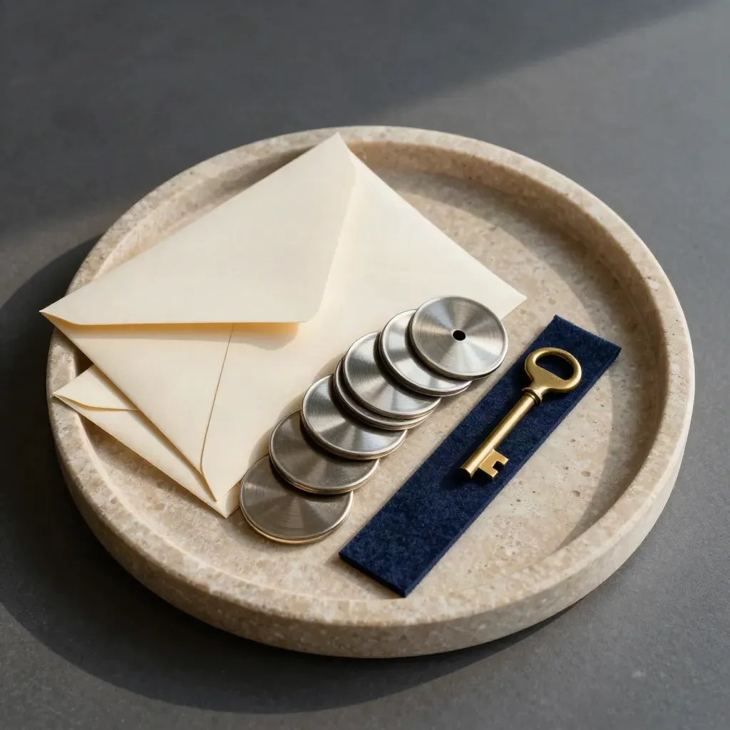Overhead stone tray with escrow envelopes, tally discs, and brass key in motion