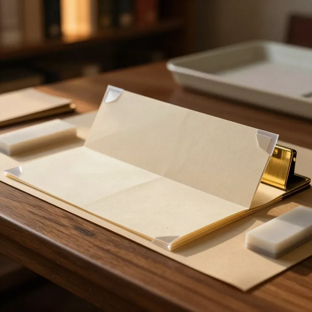 Cream deed packet with brass clip and bone folder on a walnut bench under soft side light.