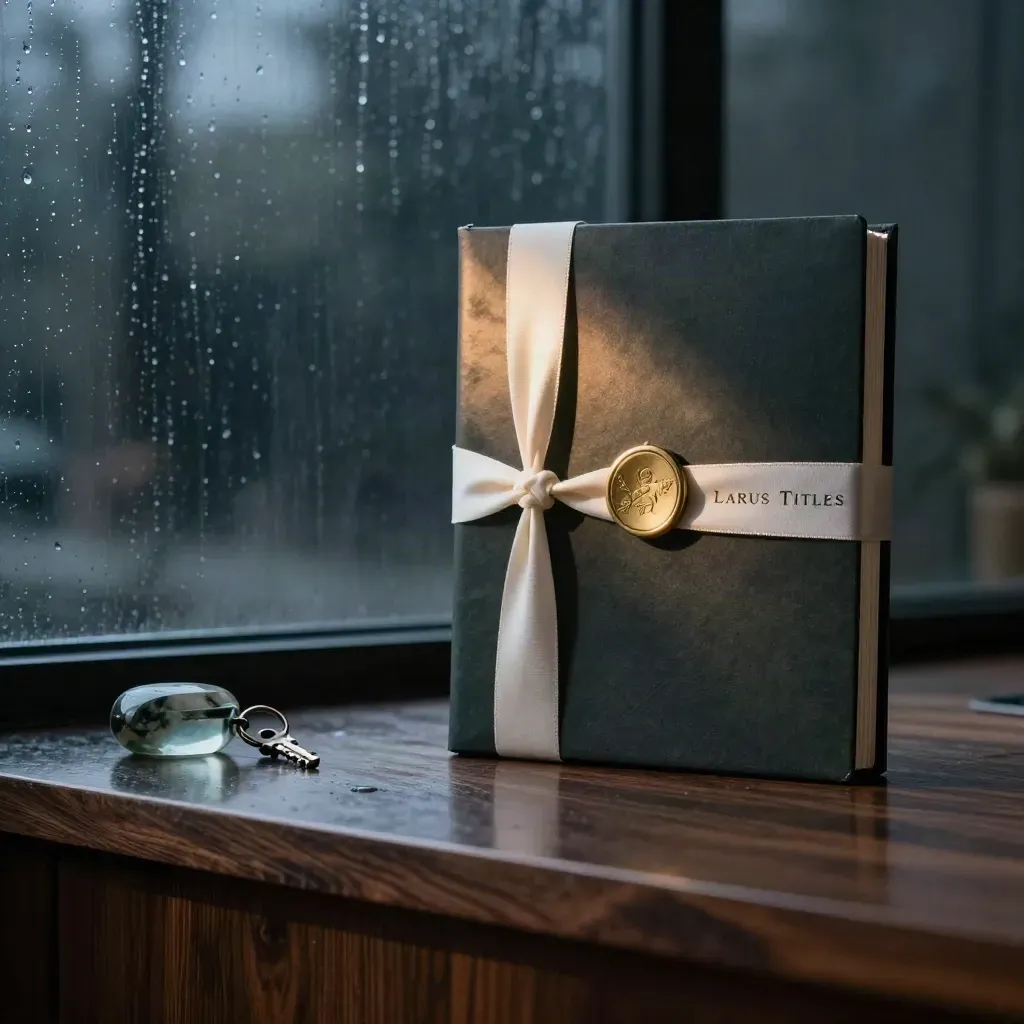 Closing packet with seal, binder, ribbon, key ring and paperweight on a rain-lit counter.