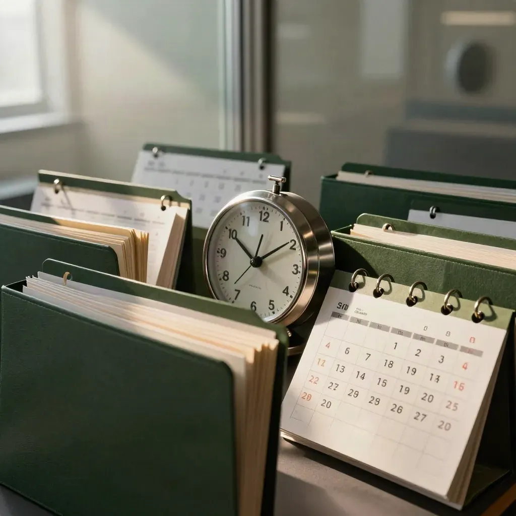 Calendar pins, routing tags, folders and a clock aligned in a moody glass-lined closing coordination room.