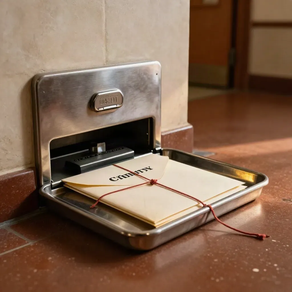 County records intake tray with sealed envelope, date punch and red twine sliding into a drop slot.