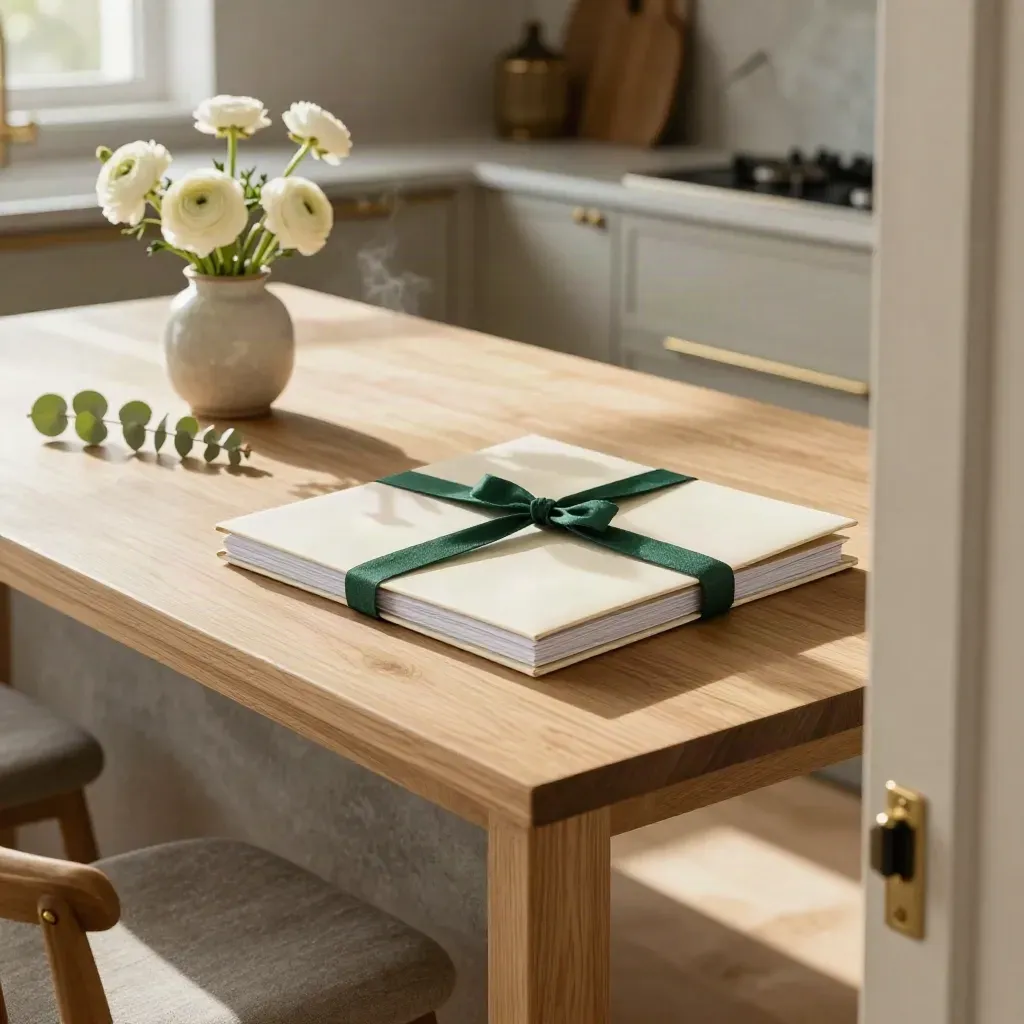 Kitchen island with a bound closing folder, white flowers, and tucked stools in soft morning light.