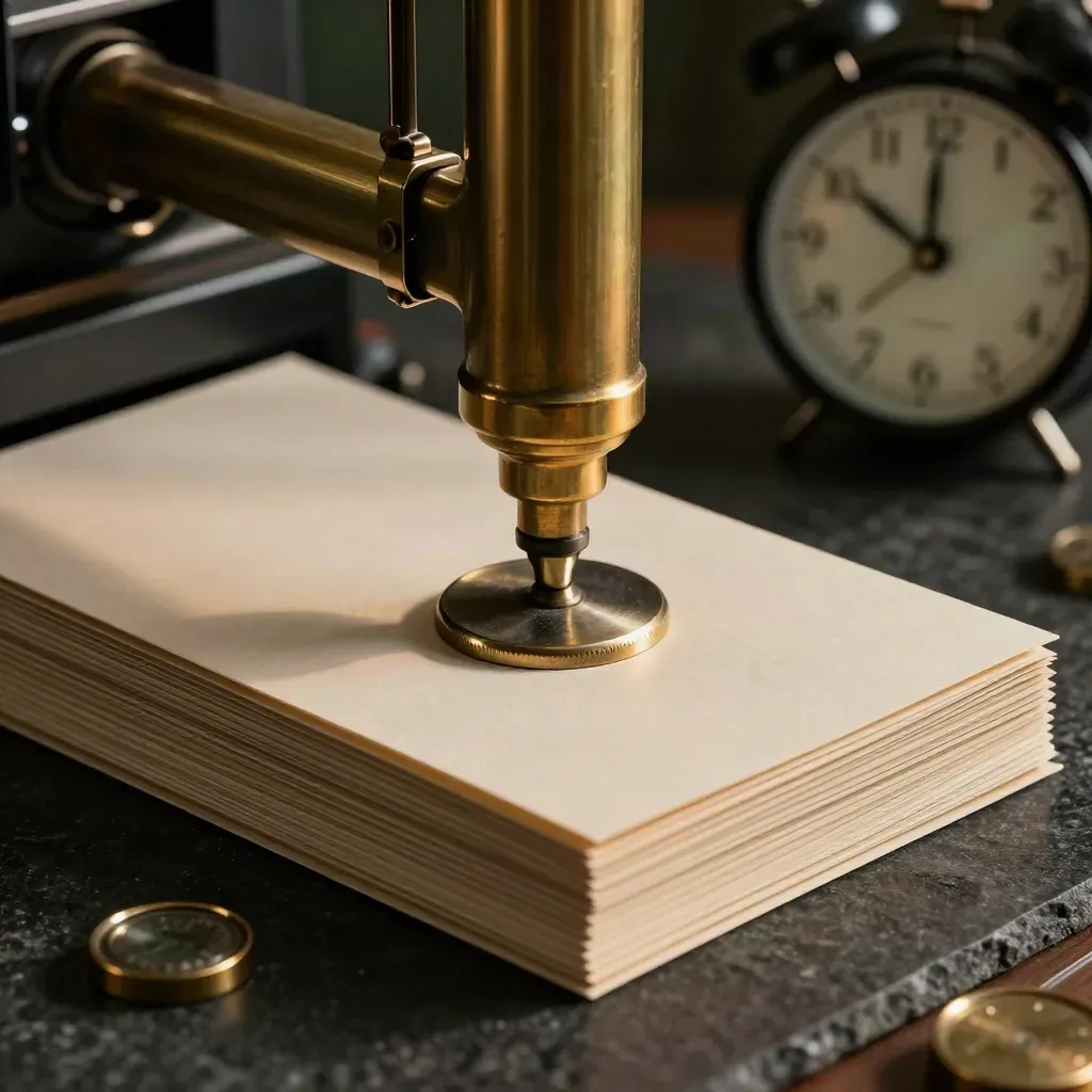 Brass embossing press, seal, clock, and file trays on dark stone in a dramatic legal-services still life.